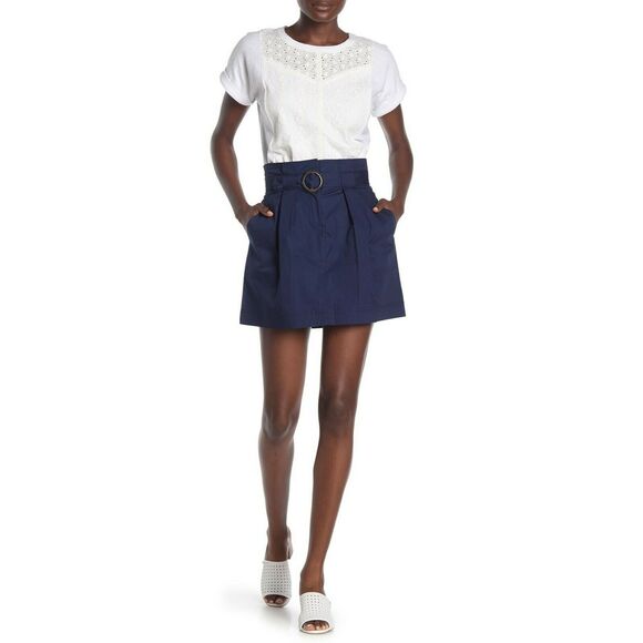 LAUNDRY by Shelli Segal paperbag belted poplin navy blue mini skirt Size XL NEW - Picture 7 of 7